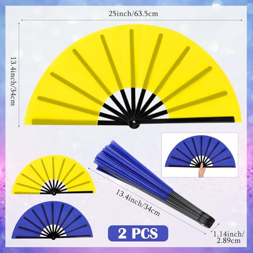 2 Packs Large Folding Hand Fans (Yellow and Blue)