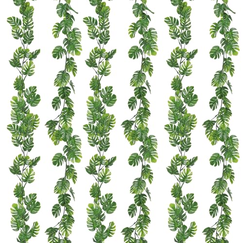 6Pc Artificial Monstera Leaves Vine 5.9FT Plastic Palm Ivy Garland (Green Plam S 6p)