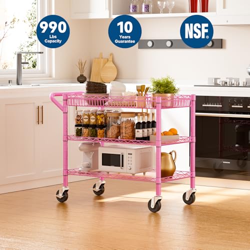 Pink Rolling Utility Cart with Wheels (Pink-3 Tier)
