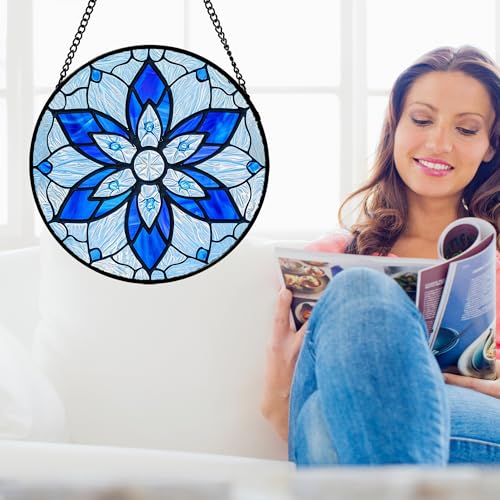 Stained Glass Window Hanging Poinsettia Suncatcher Gifts for Women 6.3" (Light Blue / 6.3x6.3 IN)