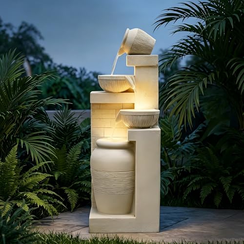 53.15'' Outdoor Garden Water Fountain with Lights (Beige 53.15in)