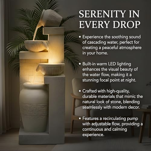 42.52" Outdoor Water Fountain with Lights (Beige 42.5in)