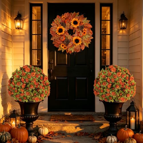 2 Pack 24" Fall Artificial Azalea Topiary Balls with Ground Spike (Fall Azalea)