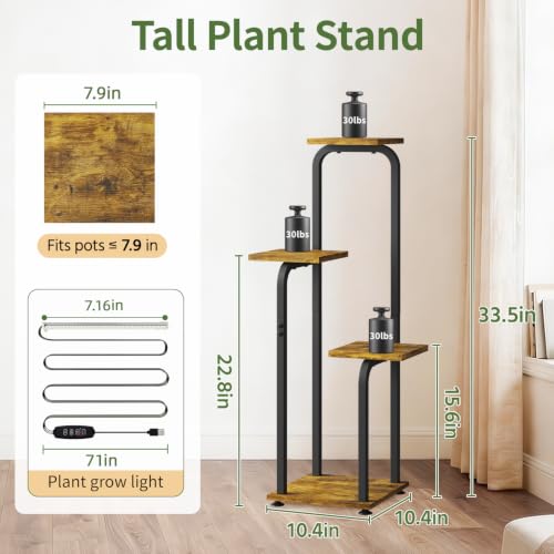 Plant Stand Shelf Tall for Indoor Corner with Lights (Classic Brown-Black with Lights / 4 Tier)