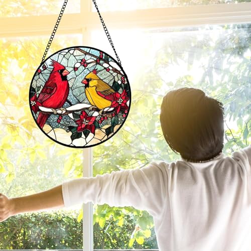 Cardinals Poinsettia Stained Glass Window Hanging Suncatcher Gifts 15" (Red and Yellow / 14.9x14.9 IN)