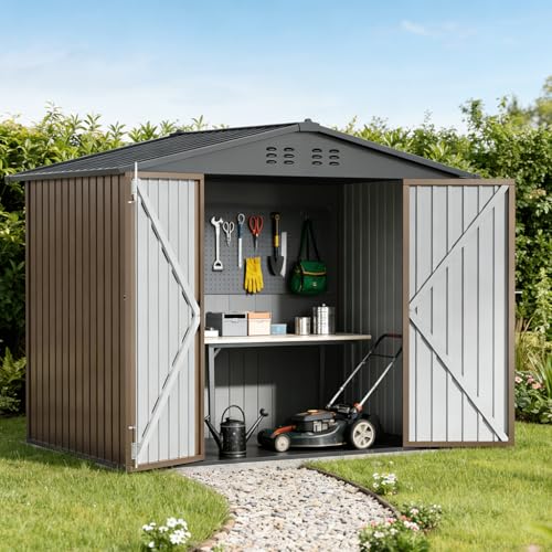 Shed Storage Outdoor Metal Windowed Lockable Weatherproof Ventilated Backyard Garden Utility Workshop (Brown / 8'*6')