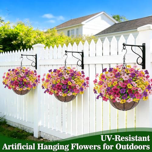 2 Sets Artificial Hanging Plants Flowers Basket Outdoor (Red Purple Yellow Rose Red - 2 Sets)