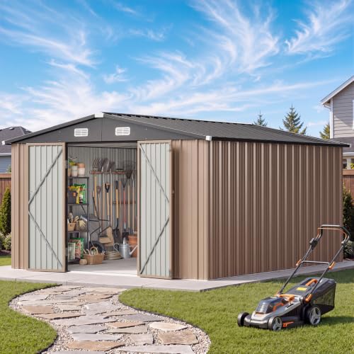 10x12 FT Outdoor Storage Shed with Lockable Double Doors (Brown / 10'x12')
