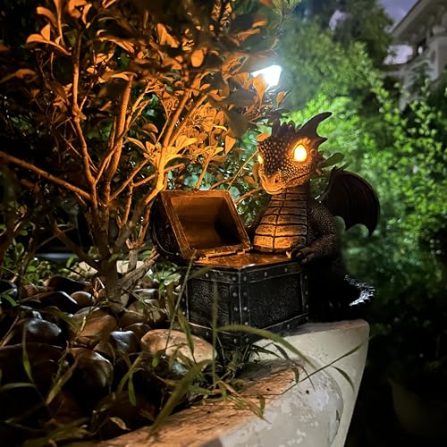Garden Dragon Statue Solar Powered Outdoor Figurine Light Decor Cute and Hold Glowing Treasure Chest Resin Sculpture Home Decoration for Porch Patio Lawn Farm Yard Housewarming Ornament Gift (treasurebox)