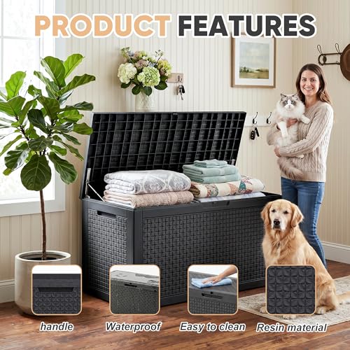 110 Gal Waterproof Outdoor Storage Box UV Resistant Deck Box (Black / 110 Gallon)