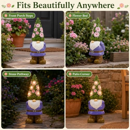 Solar Garden Gnome Statue (Flower Hat Gnome)