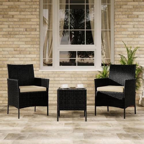3 Piece Patio Bistro Conversation Set (Black/Beige / 3 Pieces)