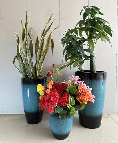 24/21/11 Inch Tall Planter Pots Garden Plastic Planters - Set of 3 for Indoor & Outdoor Use - Decorative Lightweight Flower Pots (Turquoise)
