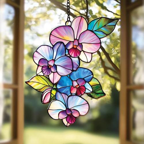 Orchid Flower Acrylic Suncatcher Faux Stained Glass Window Hanging Orchid Lover Gift Yard Kitchen Decor (1-fba-ett-evg-a354-q / 10")