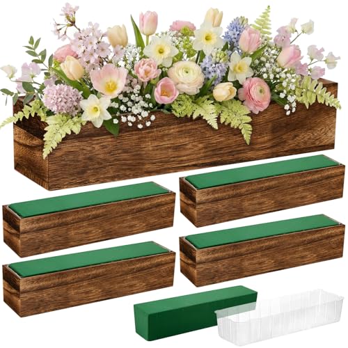 5 Set Wood Rectangle Boxes 16x4 Inch Rustic Planter with Liner (16x4 Inch)