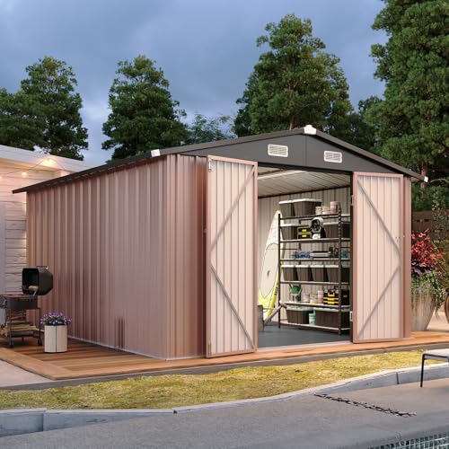 10x12FT Shed with Floor Galvanized Steel Outdoor Storage Shed (Brown / 10'x12'w)
