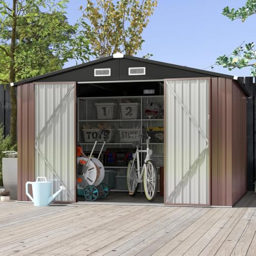 10x8 FT Shed Outdoor Storage Shed with Floor Brown (Brown / 9.8'x7.6')