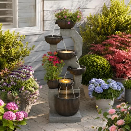 57'' H Tall Large Outdoor Water Fountain with Planter (Grey- 57 Inch)