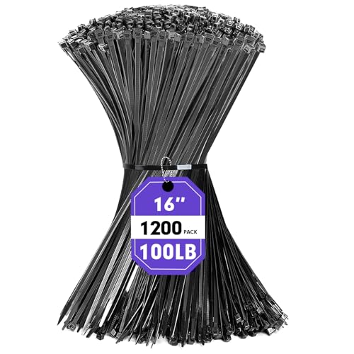 1200pcs Black Cable Zip Ties 16 Inch (Wideth 0.3")