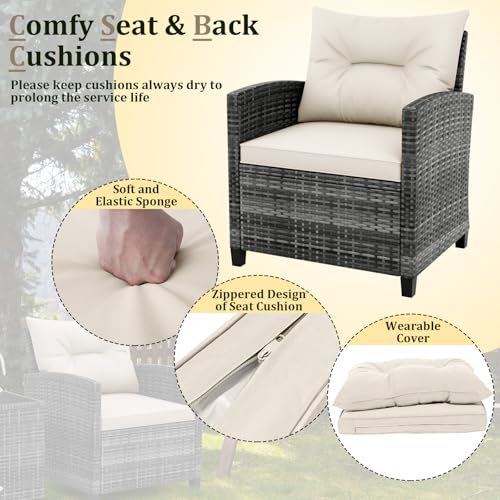 3 Pieces Patio Conversation Set PE Rattan Outdoor Furniture Sofa Set with Removable Cushion (Mix Grey & Beige)