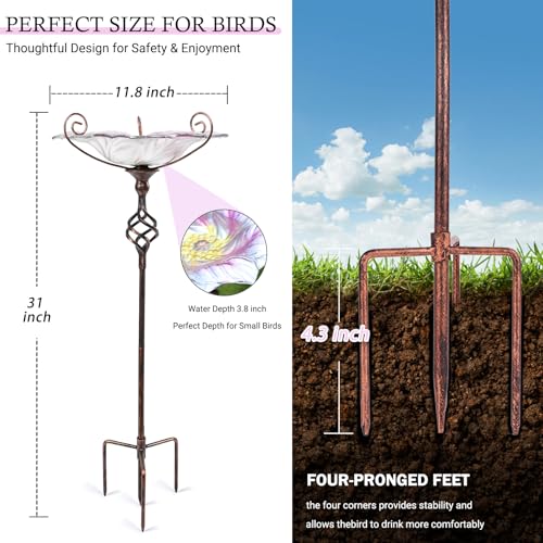 Glass Bird Bath Outdoor Bird Feeder with Metal Stake Garden Decor (Pink)