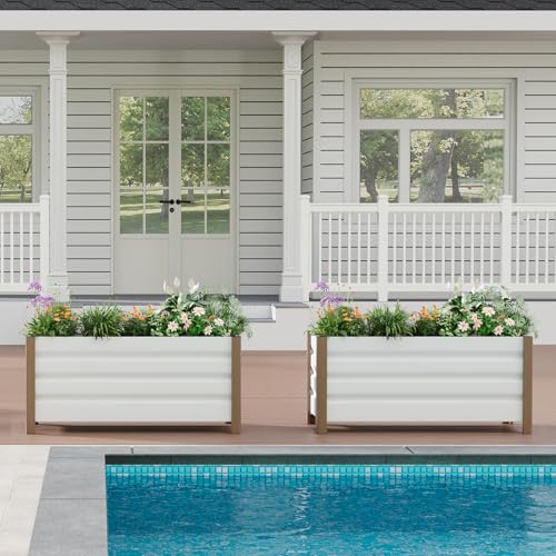 24"x16"x18" White Aluminum Raised Garden Planter Box (24x16x18 Inch 2pcs / White W/ Bottom)