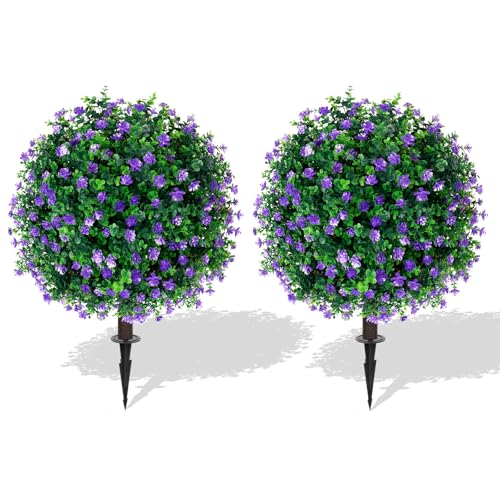2Pack Artificial Purple Flower Topiary Ball Tree with Ground Spike (Purple Flower)