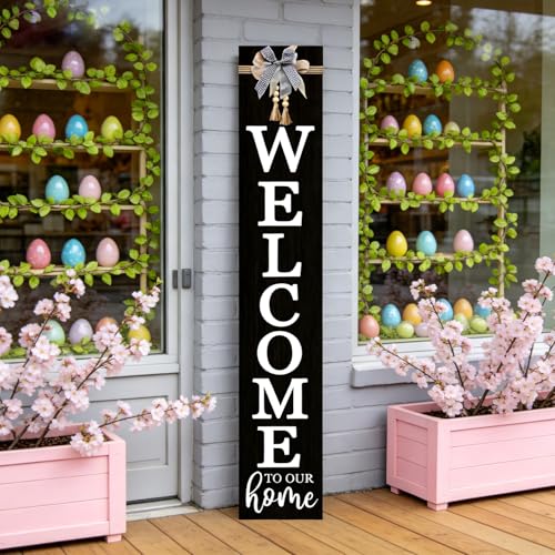 Vertical Wood Welcome Sign 47.2x7.8 Inch Farmhouse Rustic Decor for Front Porch (Black / 7.8" x 47.2" / Welcome To Our Home)