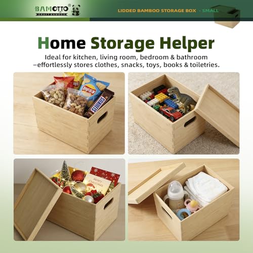 Stackable Bamboo Storage Bin with Lid 10.2”x7.3”x6.5” (Single Bamboo Box with Lid - Small / 10.2"L x 7.3"W x 6.5"H)