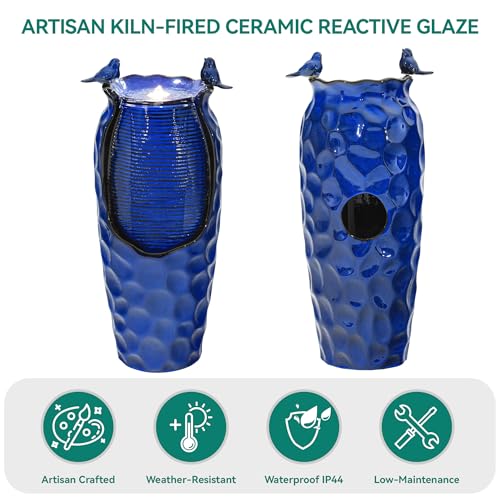 Autodaya 33" Vase Ceramic Outdoor Water Fountain with Lights and Birds (33"h-hammered Cobalt Blue)