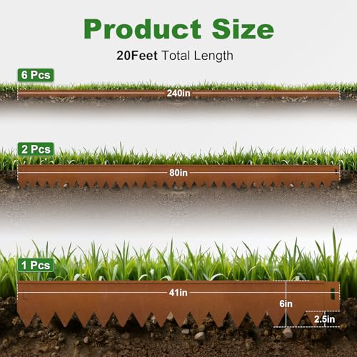 Cor Ten Steel Landscape Edging Kit 20FT (Rusty / 6 Inch x 20Ft.)