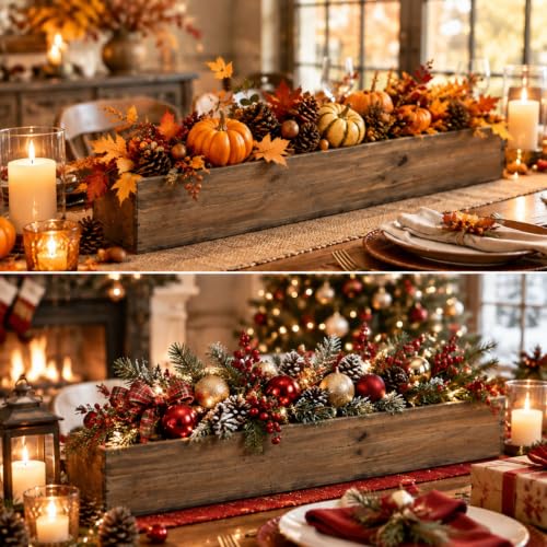 6 Set Wood Boxes for Centerpieces 28x5 Inch Rectangle Wooden Planter Box Rustic Wooden Planters with Removable Plastic Liner Floral Foam Blocks for Christmas Wedding Home Garden Decor (28 x 5 Inch / Brown)