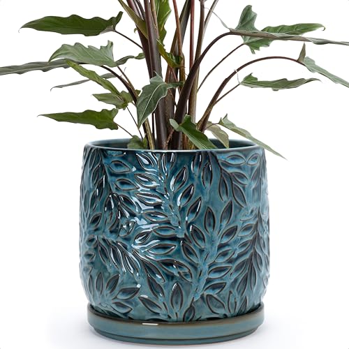 Embossed Leaves Ceramic Planter (8 Inch / Ocean Teal)