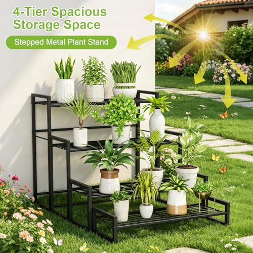 Plant Stand 4 Tier Widened Stackable Tiered Plant Stand (Black 9.84"W)