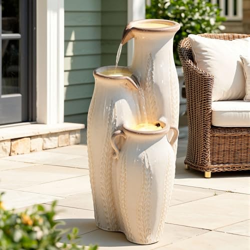 30" Ceramic Vase Water Fountain Outdoor with LED Lights (Beige Glaze Cascading Vase 29.5"h)