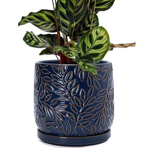 Embossed Leaves Ceramic Planter (8 Inch / Midnight Blue)