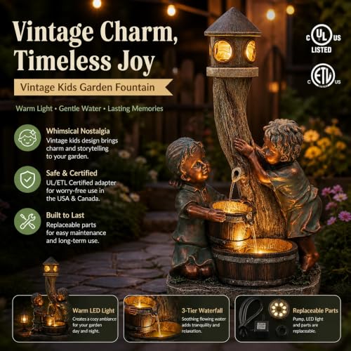 AUTODAYA 31" Boy and Girl Outdoor Fountain LED 3 (31"h Bronze)