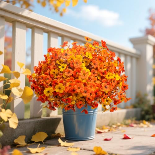 16 Bundles UV Resistant Artificial Fall Flowers Faux Mums for Outdoors (Yellow Orange)