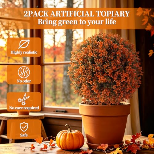 2 Pcs 24" Artificial Fall Boxwood Topiary Balls with Ground Spike (Fall Boxwood)