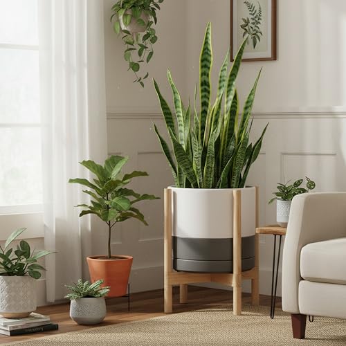 Ceramic Pot with Natural Wood Stand (14 Inch / White/Grey Pot + Natural Stand)
