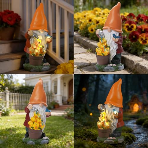 Solar Gnome Statue Outdoor Decor for Mother's Day (Orangegnome)