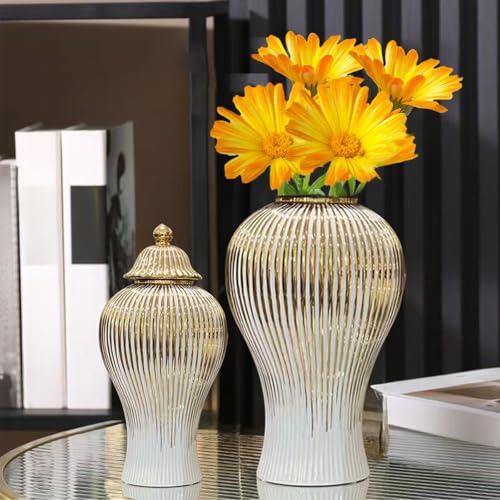 Ginger Jar White Gold Ceramic Vase Large Handmade Porcelain Vases with Lid