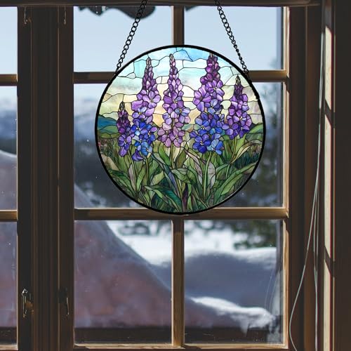 Purple Lupine Flowers Stained Glass Window Hanging Suncatcher Gift 6.3" (Purple and Green / 6.3x6.3 IN)