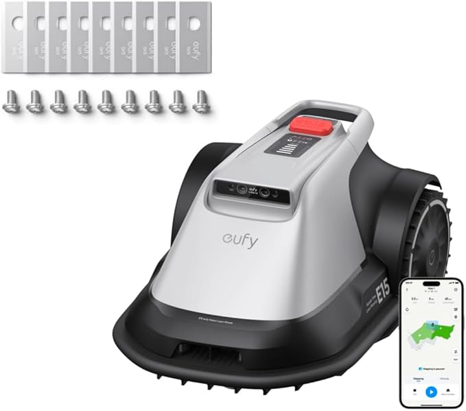 eufy E15 Robot Lawn Mower,Max 0.2 Acres,Wireless Robot Mower with Auto Mapping,Vision Navigation,Multi-Zone Management + Official Accessories: Replacement Blades Box with 3*