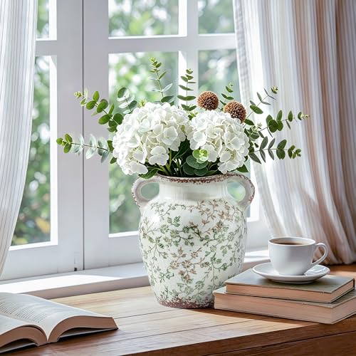 Vintage Vase Chinoiserie Ceramic Flower Vase with Double Handles (01-green and Beige-7.8 Inch)