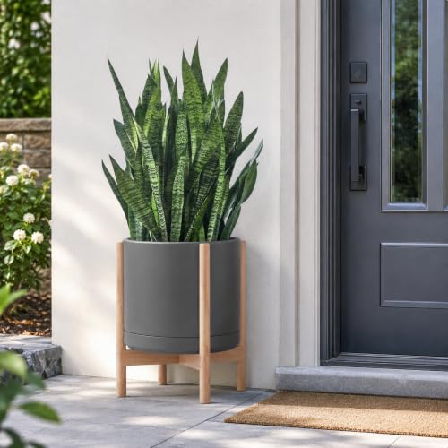 Ceramic Pot with Natural Wood Stand (14 Inch / Grey Pot + Natural Stand)