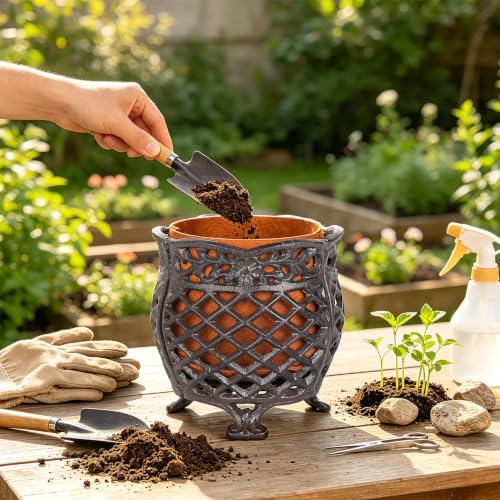 Vintage Cast Iron Urn Planter with Non (Dark Brown - U Shaped)