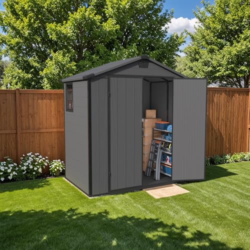 6X4 FT Plastic Outdoor Storage Shed with Floor (Dark Grey / 6x4)