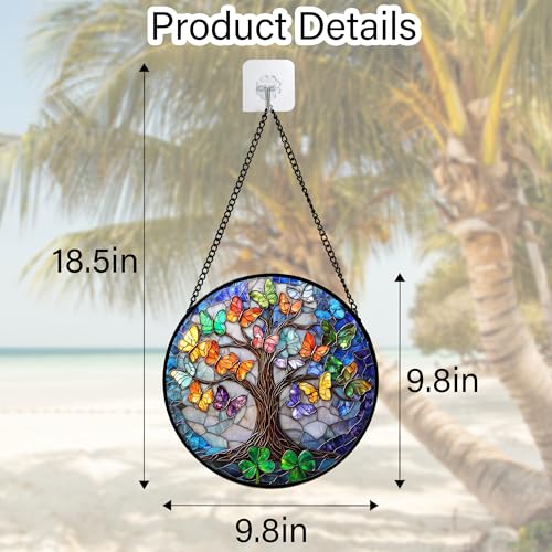 Butterfly Tree of Life Stained Glass Window Hanging Suncatcher Gifts 9.8" (Colorful / 9.8x9.8 IN)