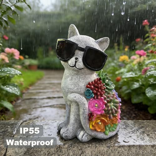Solar Cat Garden Decor Statues with Succulent LED Lights and Sunglasses (French)